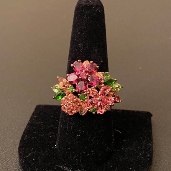 Radiant Multi-gem Flower and Sterling Silver Cocktail Ring, Size 8.5 - Picture 2 of 8